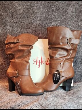 Style & Co. Brown Mid-Calf Slouch Heel Boots with Buckle Accent